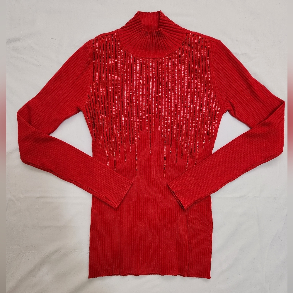 INC International Concepts Women's Mock Neck Drip Sequin Sweater Red Size XS - Picture 2 of 8